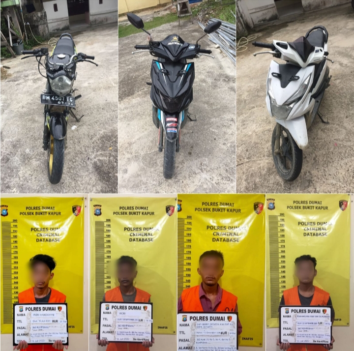 Komplotan Pelaku Curanmor Serta Tiga Unit Sepeda Motor Diamankan Polsek Bukit Kapur