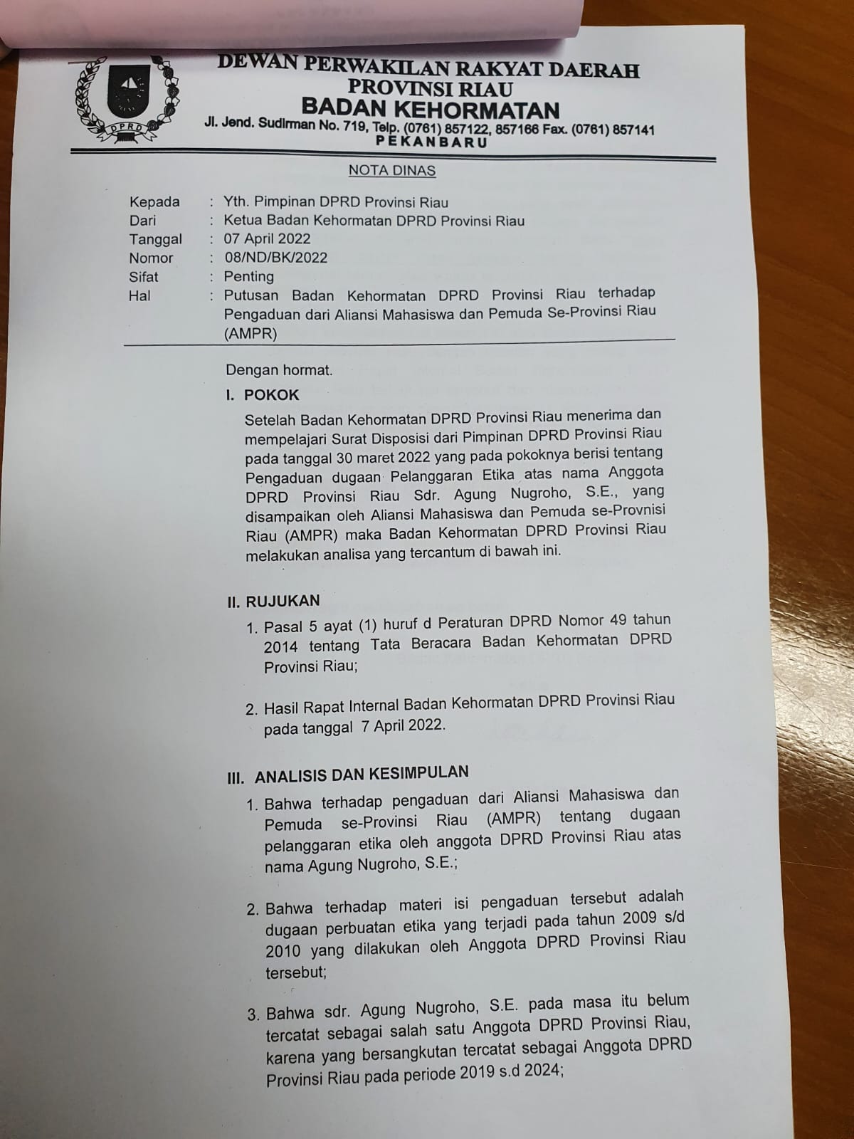 Tak Memenuhi Syarat Formil, BK Tolak Laporan AMPR Soal Agung Nugroho